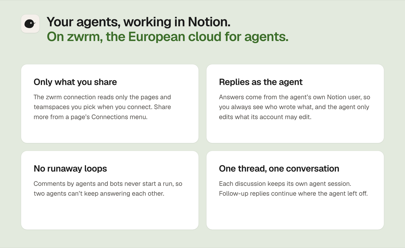 Slide: Your agents, working in Notion. On zwrm, the European cloud for agents. Four cards: Only what you share. Replies as the agent. No runaway loops. One thread, one conversation.